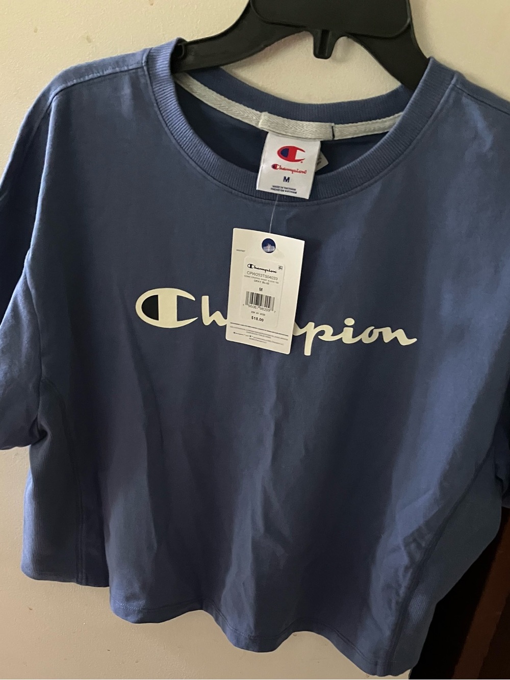 Champion Blue Cropped Crewneck Sweatshirt with White Logo